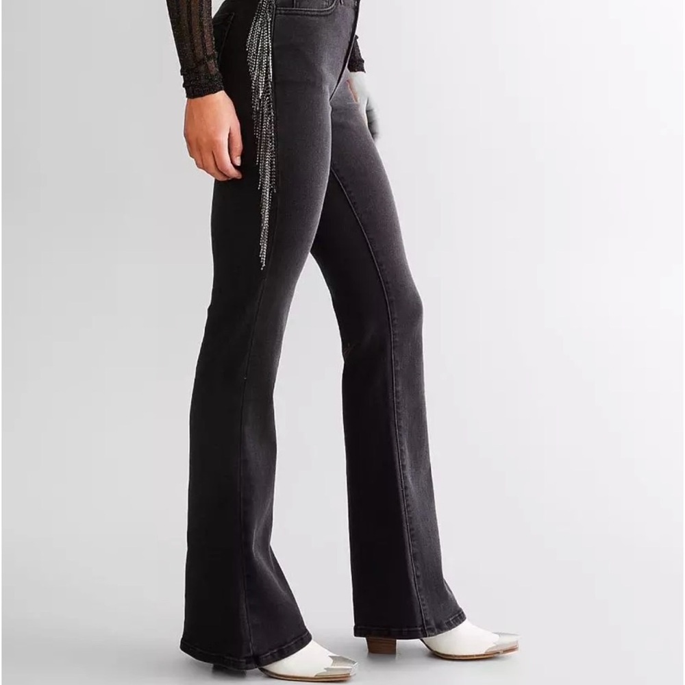 Sterling and stitch Black Flared Pants with bling fringe Long!!! 34in! - Picture 4 of 10